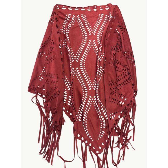 CCC Bohemian Cut Rust Red Laser Fringe Shawl 65 inch Shoulder Sheer Lightweight - Picture 7 of 8